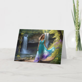 Woman in Teal Dress at Waterfall Birthday Card