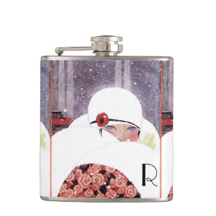 WOMAN IN THE SNOW,WINTER BEAUTY FASHION MONOGRAM HIP FLASK