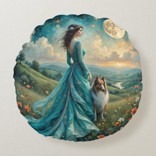 Woman in Turquoise Dress and Sable Rough Collie Round Pillow (Front)