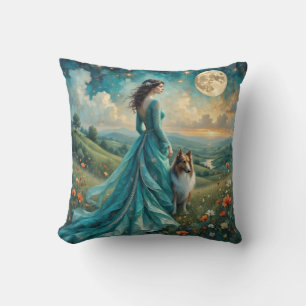Woman in Turquoise Dress and Sable Rough Collie Throw Pillow