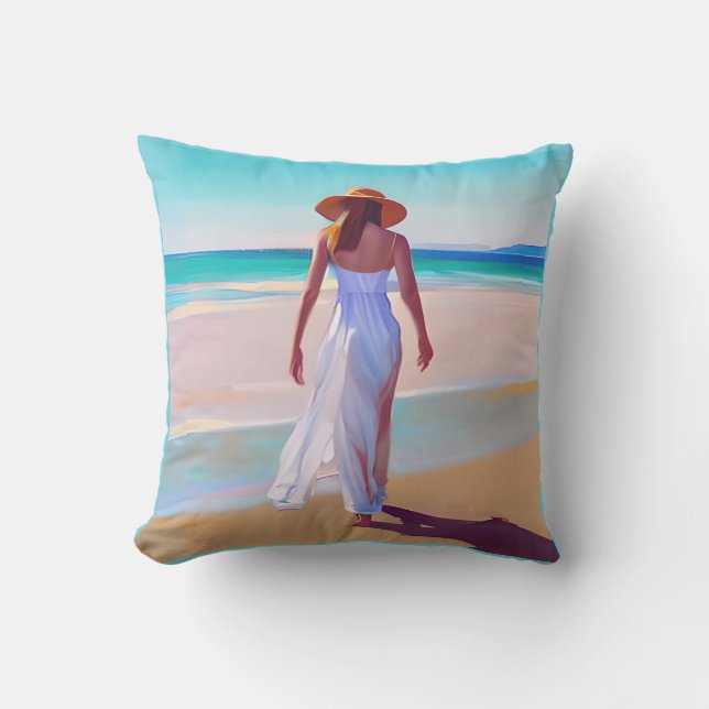 Woman in White on the Beach Outdoor Pillow (Front)