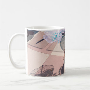Woman in white pink and green floral skirt and bro coffee mug