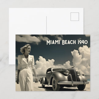 Woman in white walking on the beach in Miami Postcard