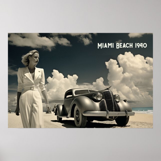 Woman in white walking on the beach in Miami Poster (Front)