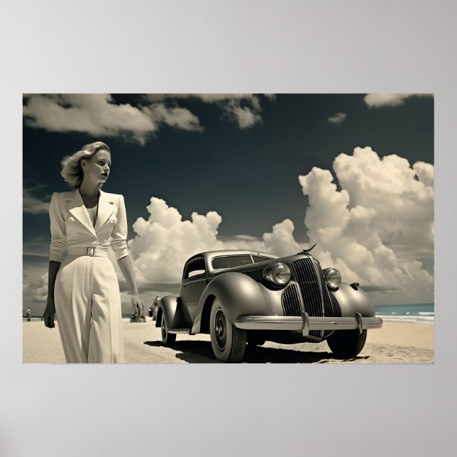 Woman in white walking on the beach in Miami Poster (Front)