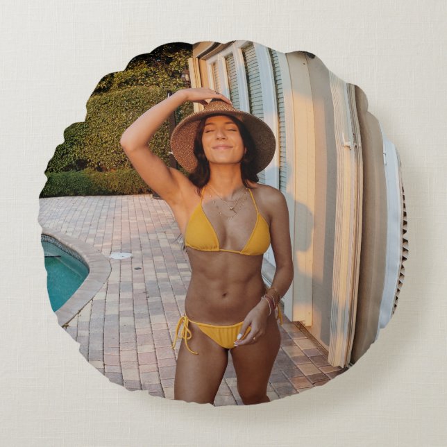 Woman in yellow bikini standing on brown brick flo round pillow (Front)