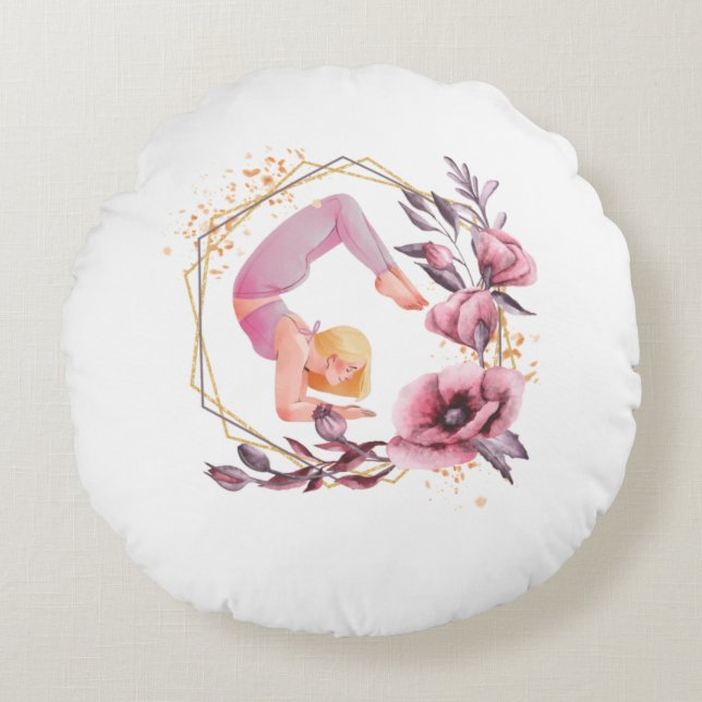 Woman in yoga pose pink flower spiritual round pillow (Front)