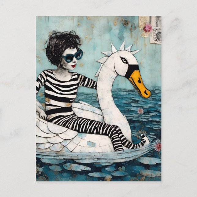 Woman In Zebra Striped Outfit on a Floating Swan  Postcard (Front)