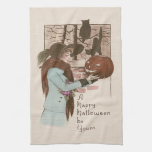 Woman Jack O' Lantern Pumpkin Owl Kitchen Towel