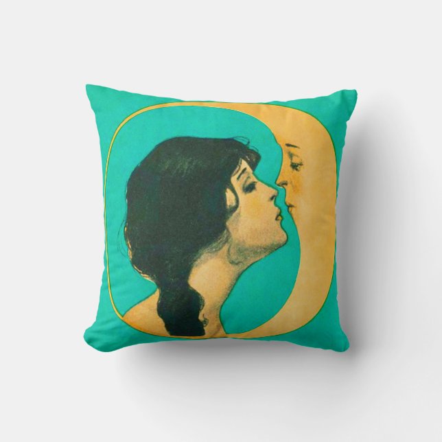 Woman Kissing the Moon Throw Pillow (Front)