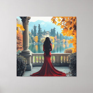Woman Lake Como View Italy Stretched Canvas Art