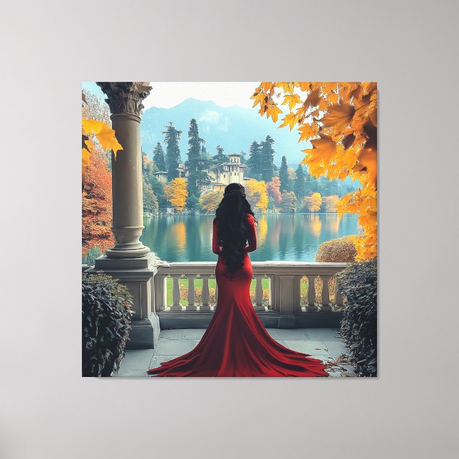 Woman Lake Como View Italy Stretched Canvas Art (Front)