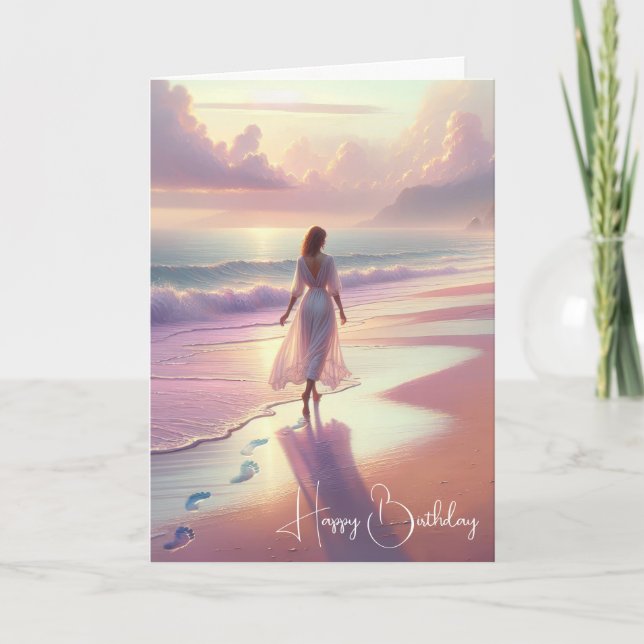 Woman Leaving Footprints On a Beach Card (Front)