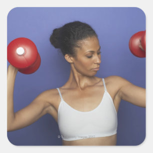 Woman lifting dumbbells 3 square sticker