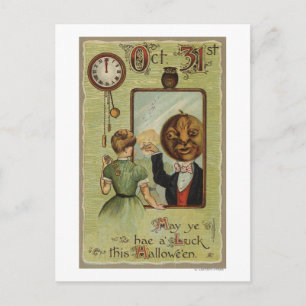 Woman Looking at Pumpkin Man in Mirror Postcard