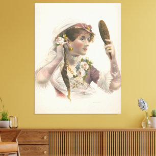 Woman looking in mirror admiring rose in her hair canvas print