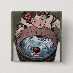 Woman Looking in Wood Barrel 2 Inch Square Button