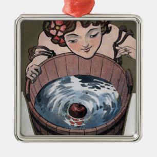 Woman Looking in Wood Barrel Metal Ornament