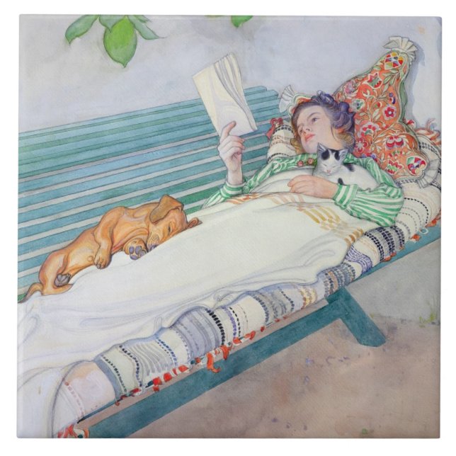 Woman Lying on a Bench, 1913 (w/c on paper) Tile (Front)