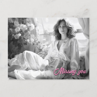 Woman lying on white silk sheets B&W photo Postcard