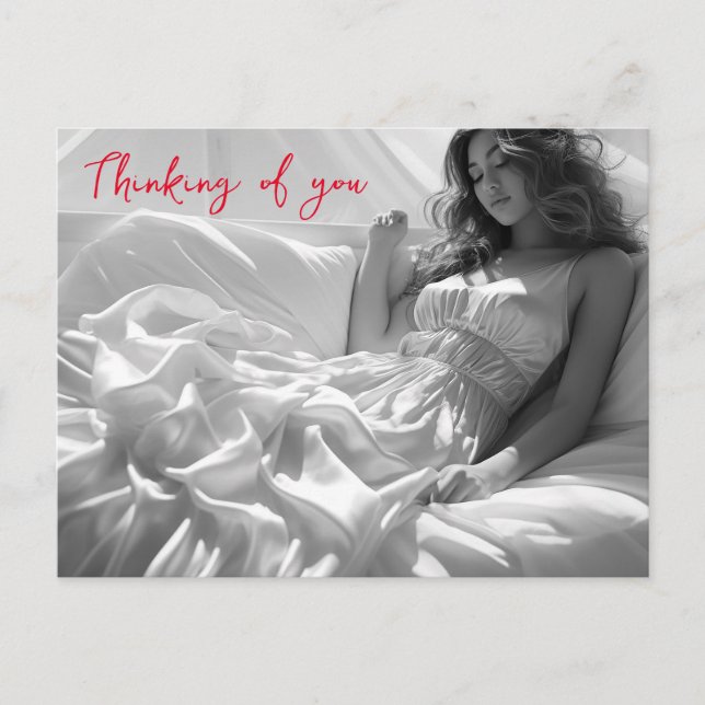 Woman lying on white silk sheets B&W photo Postcard (Front)