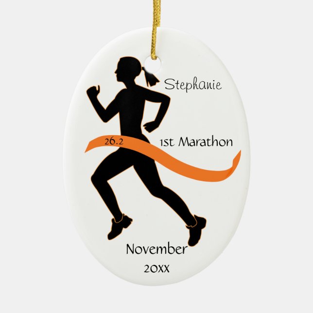 Woman Marathon Runner Ornament in Orange (Front)