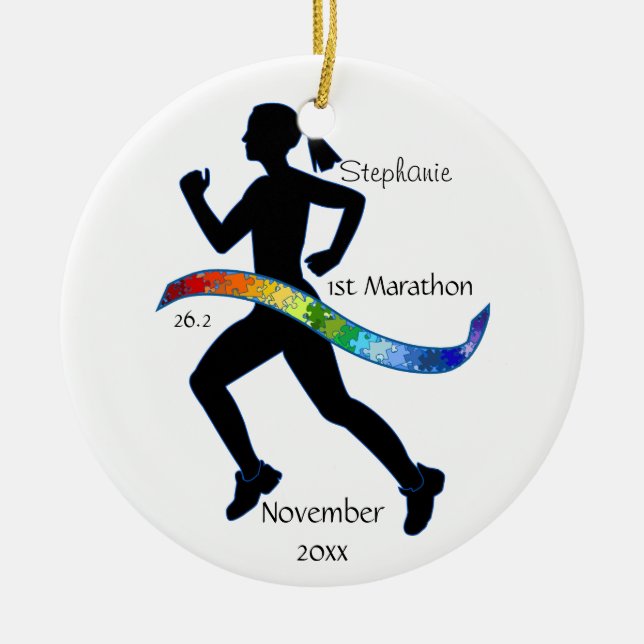 Woman Marathon Runner Puzzle Rainbow Ribbon Ceramic Ornament (Front)