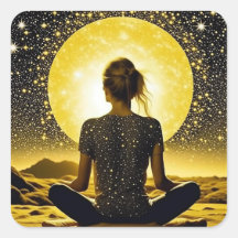 Woman Medicating by Full Moon on Starry Night