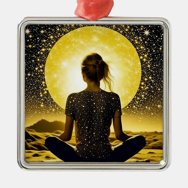 Woman Meditation Under the Moon Celestial Metal Ornament (Front)