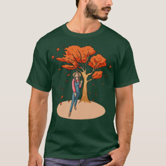 Woman Next To Tree Autumn Nature Brown Leaves T-Shirt