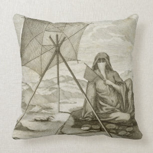 Woman of Dsjidda making flatbread in the desert, e Throw Pillow
