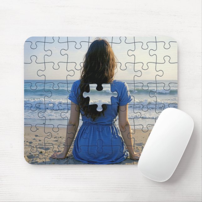 Woman On a Beach With a Puzzle Piece Missing Mouse Pad (With Mouse)