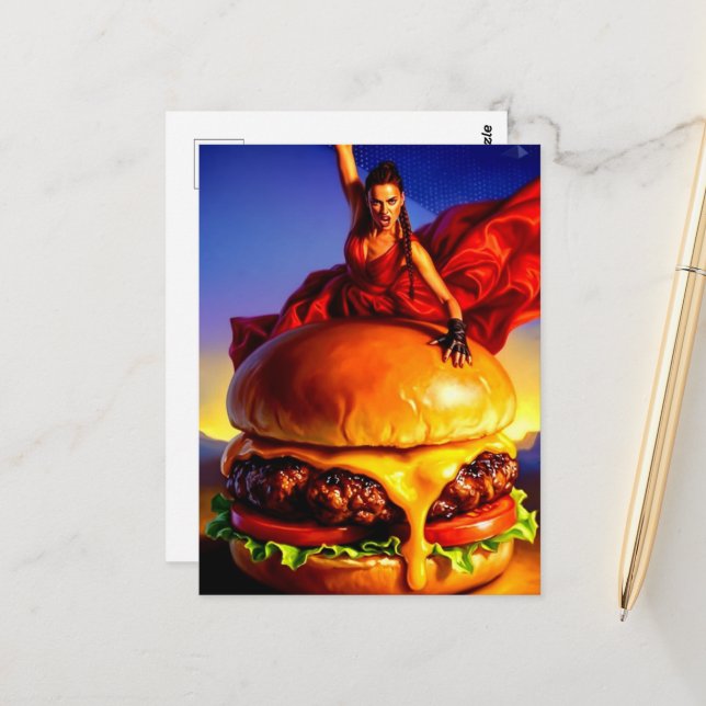 Woman on a Cheeseburger Postcard (Front/Back In Situ)
