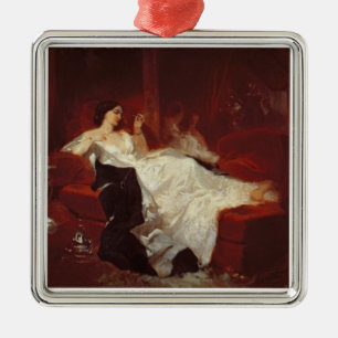Woman on a red sofa metal ornament