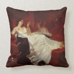 Woman on a red sofa throw pillow