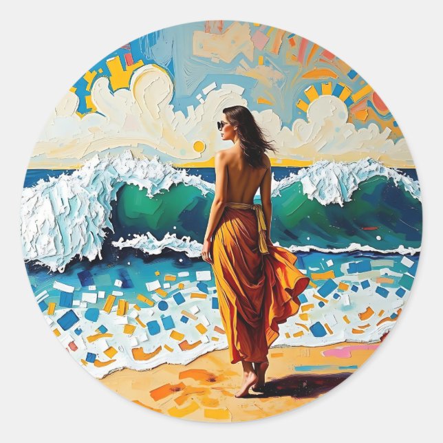Woman on Beach Abstract Seaside Art Classic Round Sticker (Front)