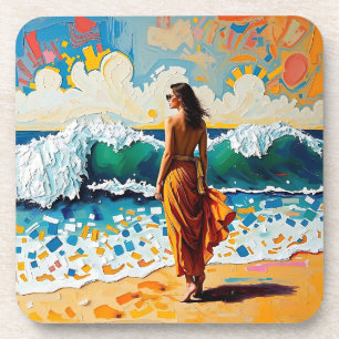 Woman on Beach Abstract Seaside Art Personalized Coaster