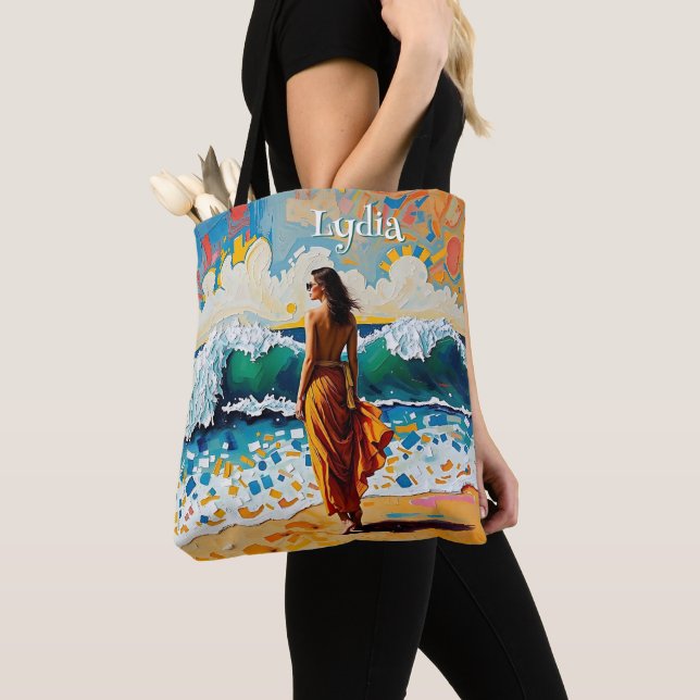 Woman on Beach Abstract Seaside Art Personalized Tote Bag (Close Up)