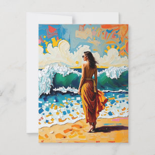 Woman on Beach Abstract Seaside Art Postcard
