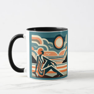 Woman on Beach at Sunset Art Deco Design Mug