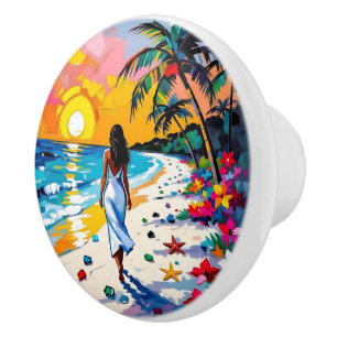 Woman on Beach Tropical Scene Personalized Ceramic Knob