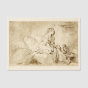 Woman on bed with her Dog Chalk Painting 1770s  Tissue Paper