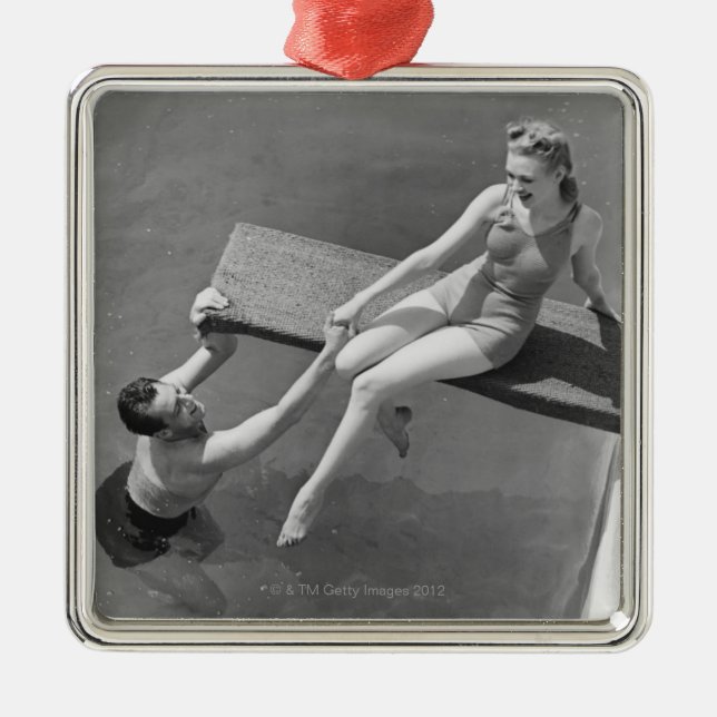 Woman on Diving Board Metal Ornament (Front)