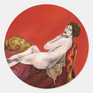 Woman on Red Sofa Classic Round Sticker