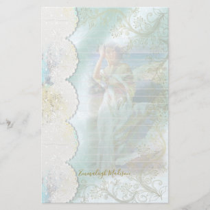 Woman on Rock at Ocean Faux Lace Lined Stationery