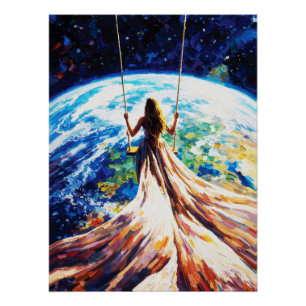 Woman on Swing Over Earth Impasto Oil Painting Poster