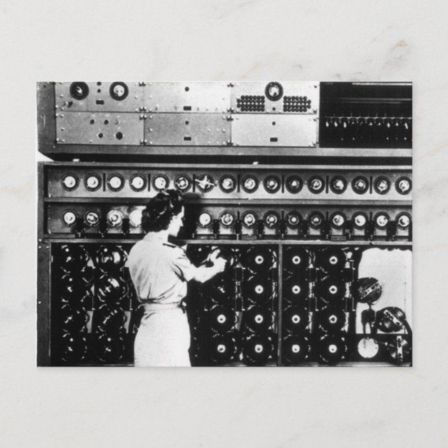 Woman Operates a Decryption Machine Postcard (Front)