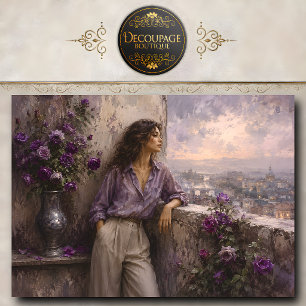 Woman Overlooking Cityscape With Purple Roses Tissue Paper