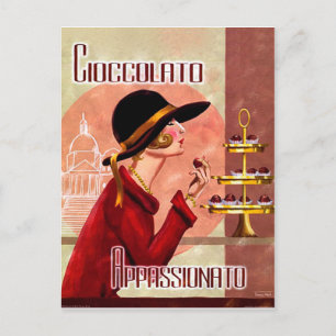 Woman passion for chokolate, vintage funny postcard