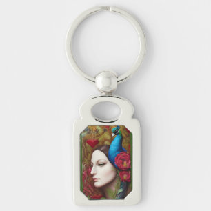 Woman, Peacock, Red flowers and heart  Keychain
